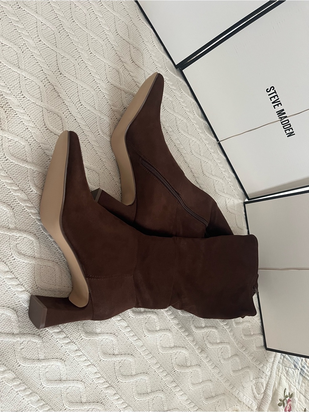 New! Steve Madden Brown Faux Suede Knee-High Block Heel Boots Various Sizes - Picture 7 of 16